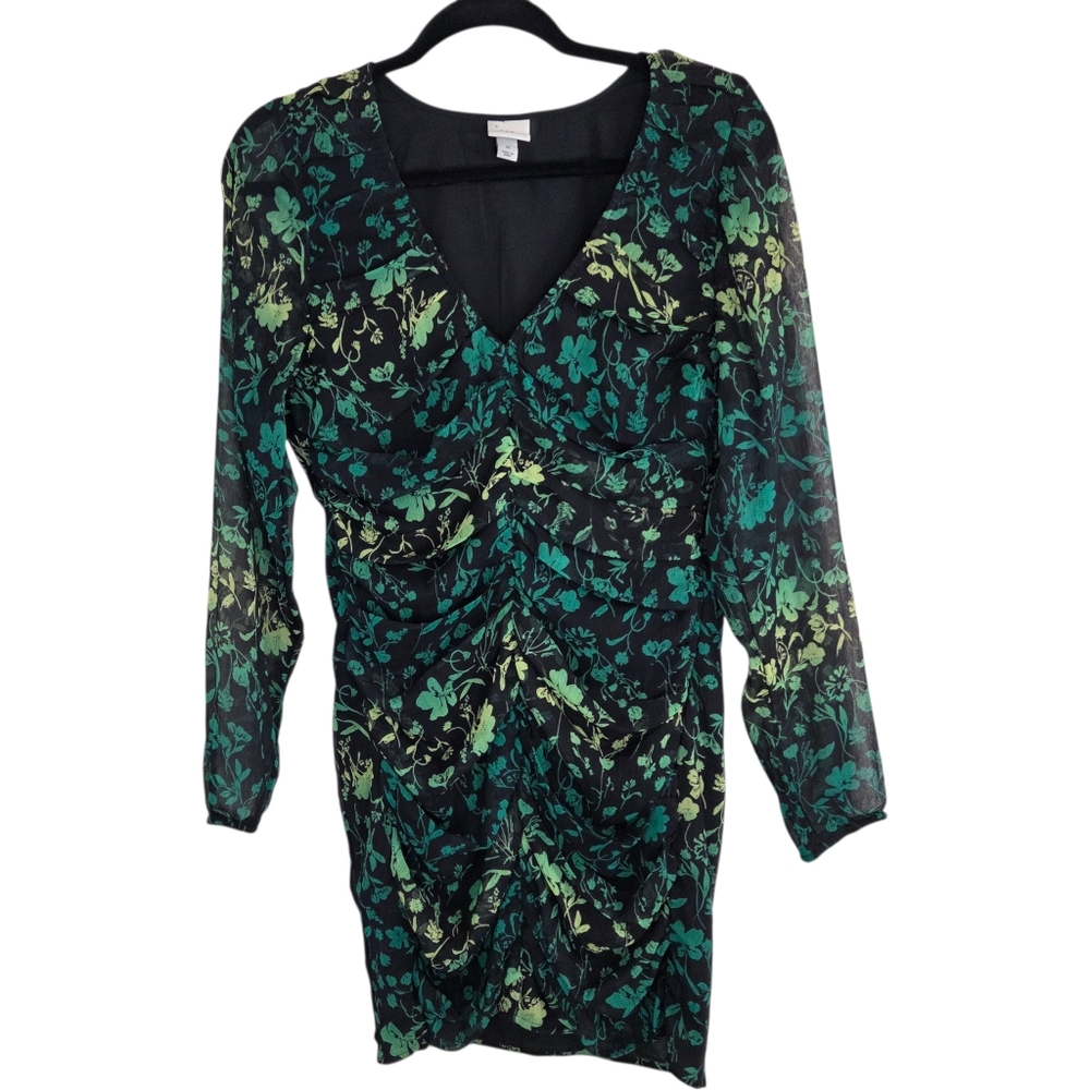 A New Day Green Floral Ruched Mesh Bodycon Mini Dress Size Medium - Picture 2 of 15